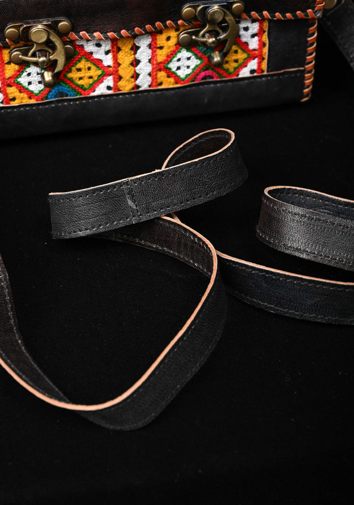 Black Leather Big Hut Sling Bag With Hand-Crafted and Embroidery