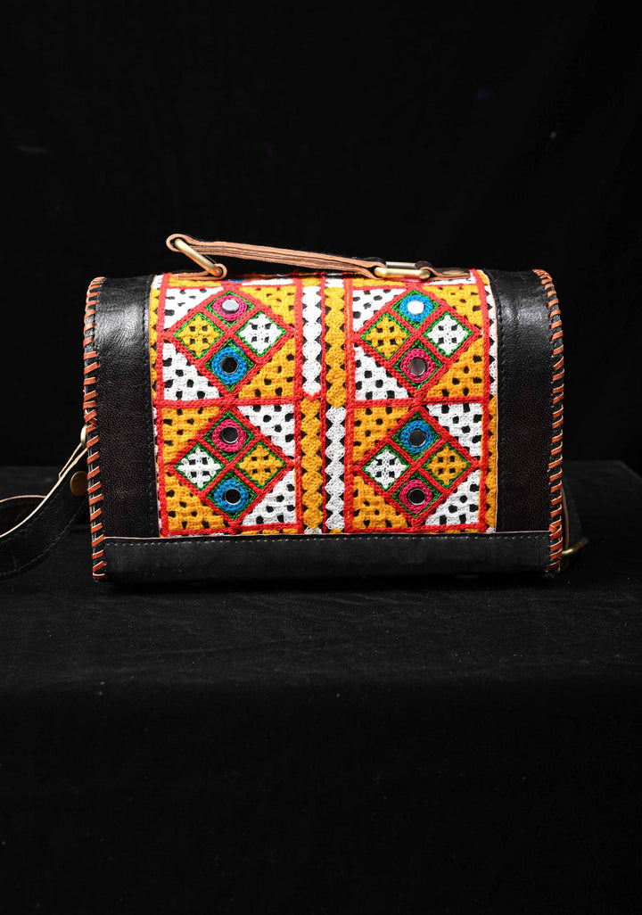 Black Leather Big Hut Sling Bag With Hand-Crafted and Embroidery