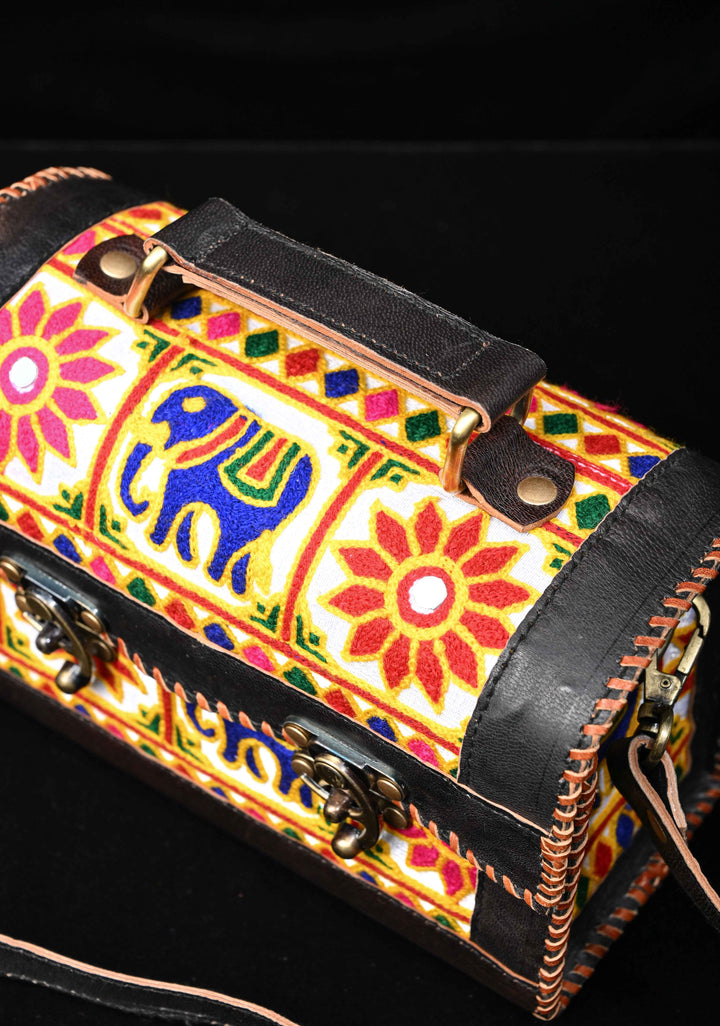 Black Leather Big Hut Sling Bag With Hand-Crafted And Embroidery