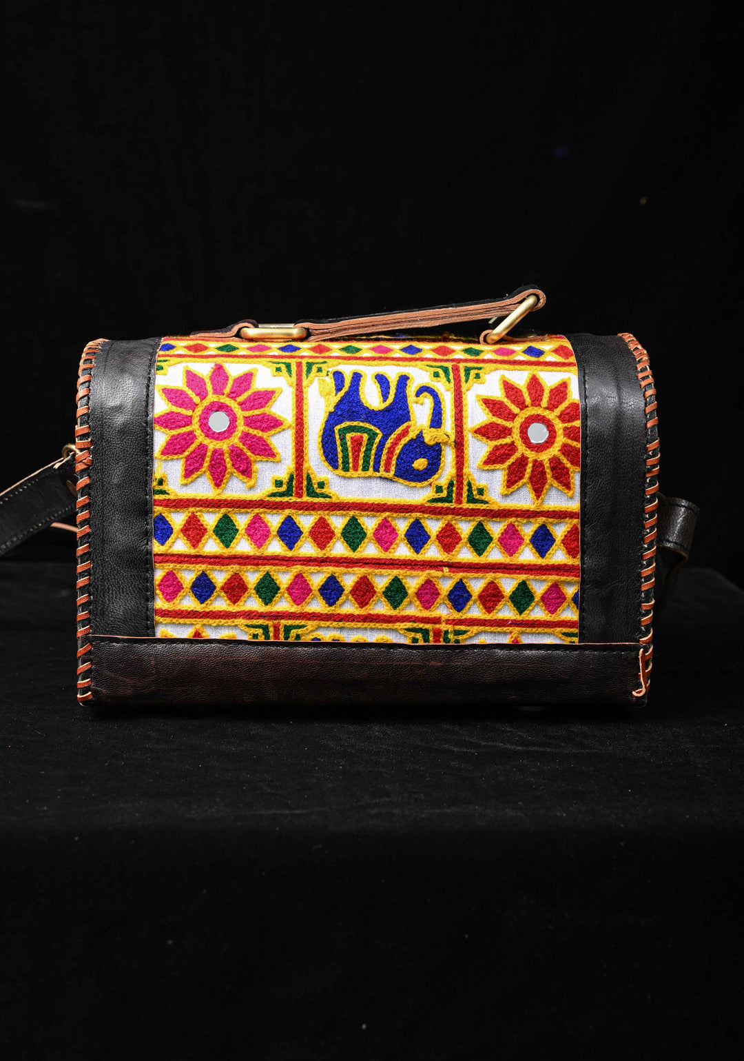 Black Leather Big Hut Sling Bag With Hand-Crafted And Embroidery