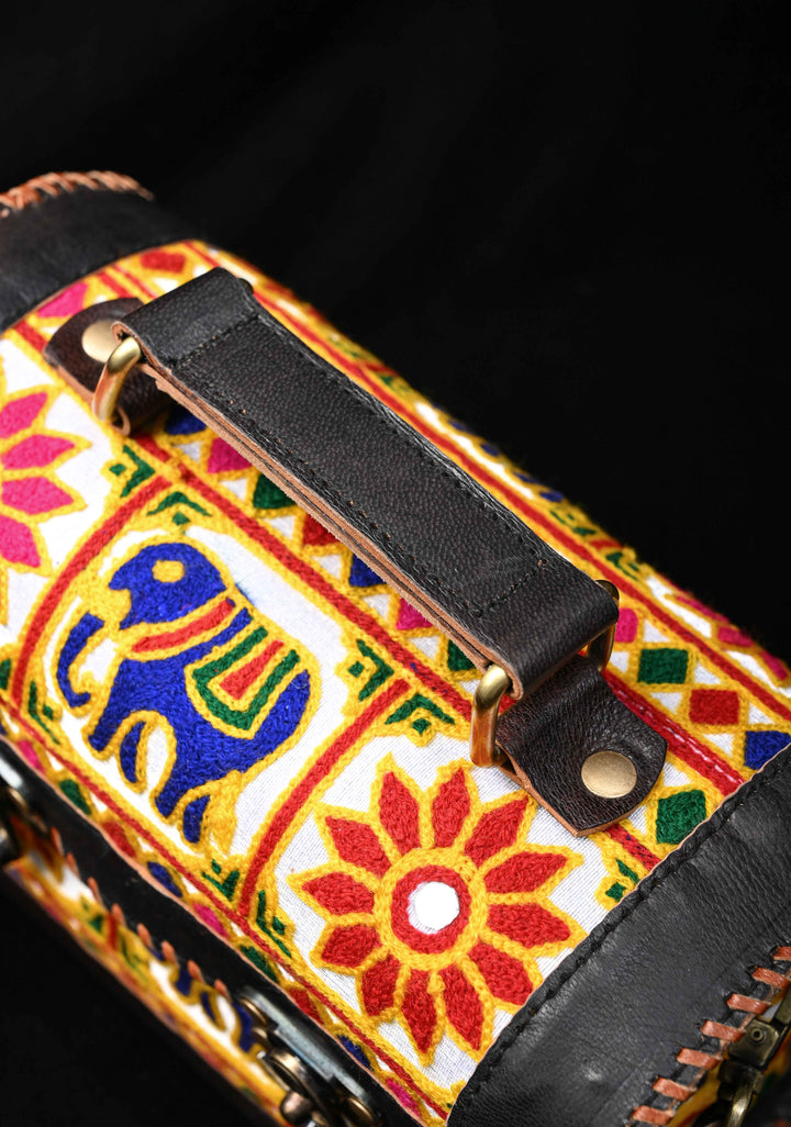 Black Leather Big Hut Sling Bag With Hand-Crafted And Embroidery