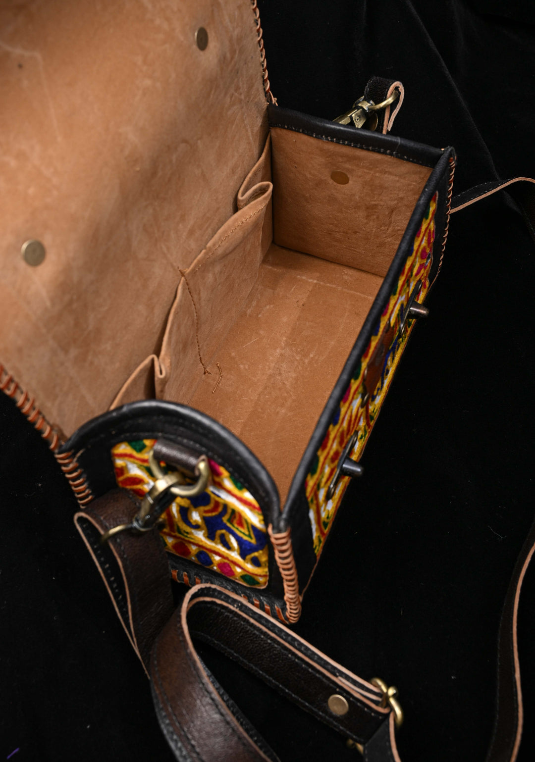Black Leather Big Hut Sling Bag With Hand-Crafted And Embroidery