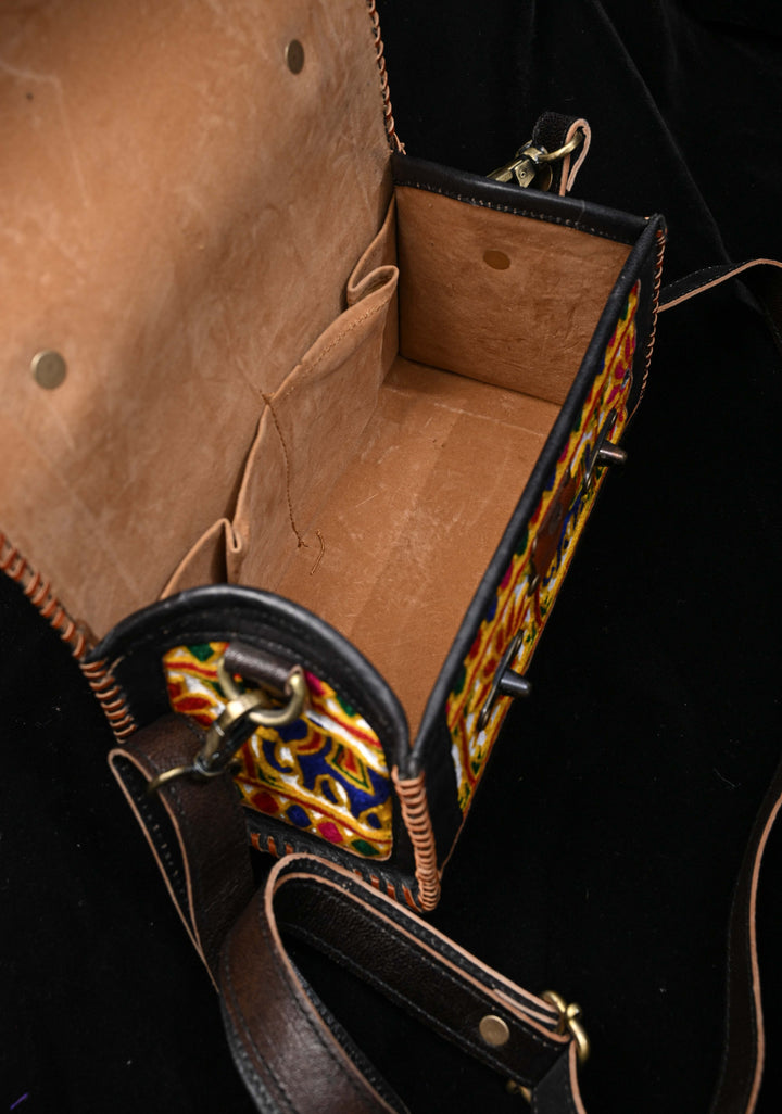 Black Leather Big Hut Sling Bag With Hand-Crafted And Embroidery