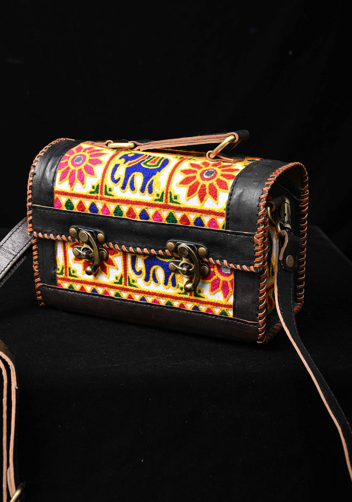 Black Leather Big Hut Sling Bag With Hand-Crafted And Embroidery