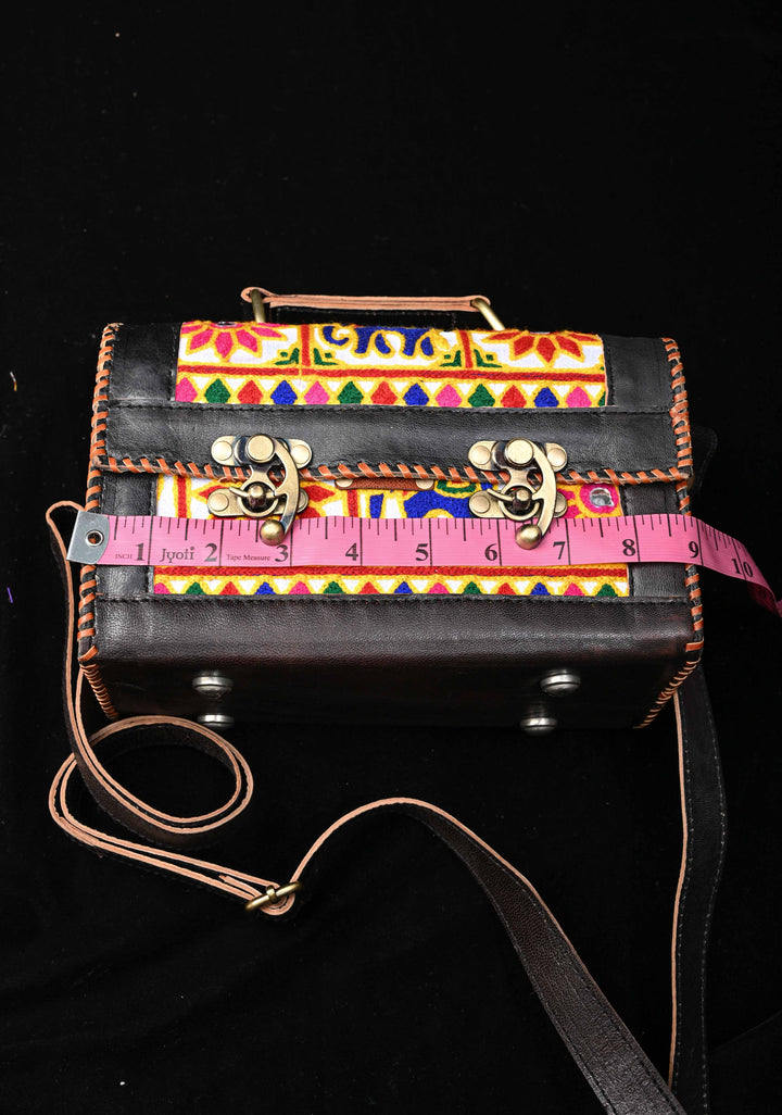 Black Leather Big Hut Sling Bag With Hand-Crafted And Embroidery