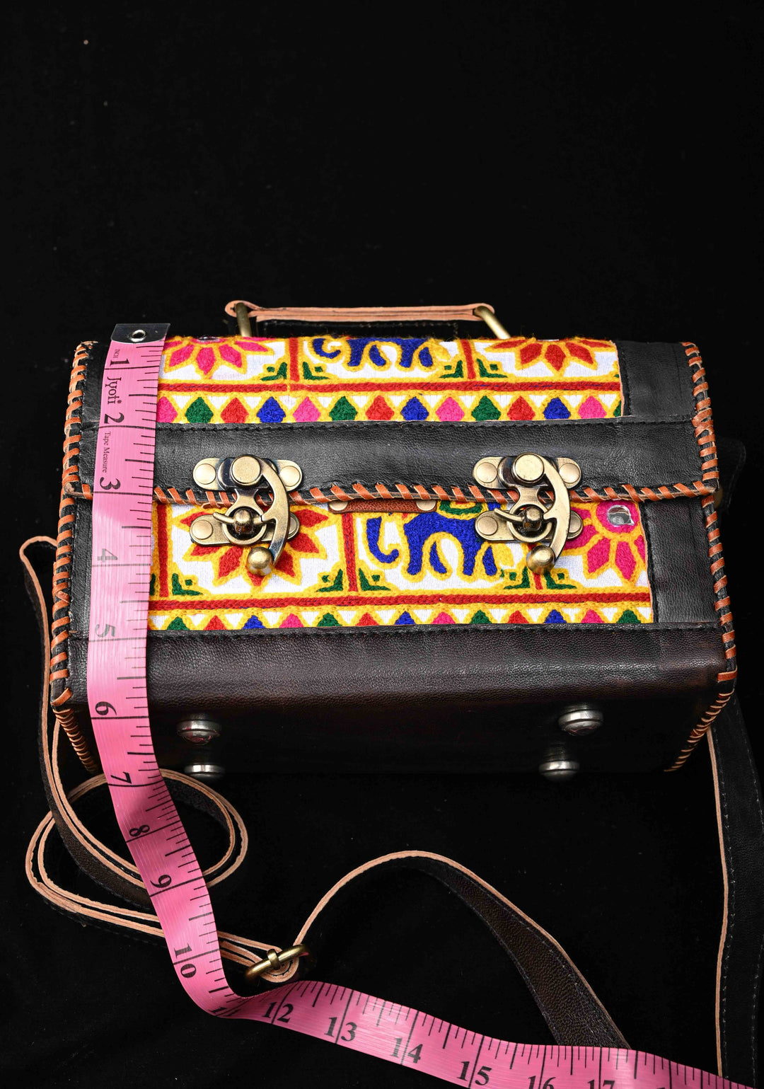 Black Leather Big Hut Sling Bag With Hand-Crafted And Embroidery