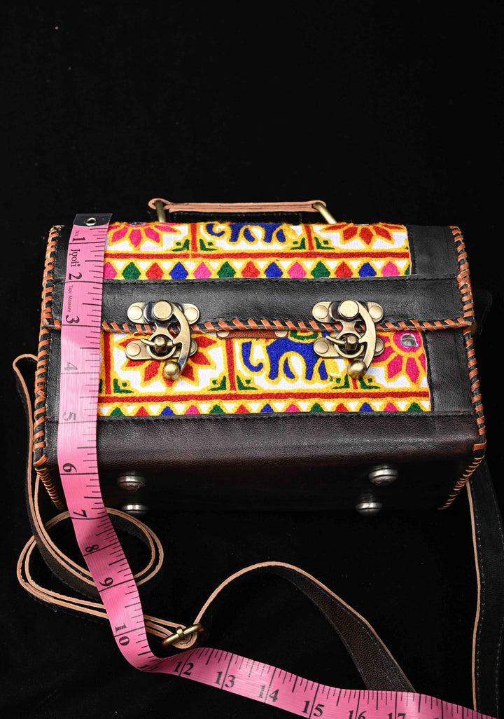 Black Leather Big Hut Sling Bag With Hand-Crafted And Embroidery