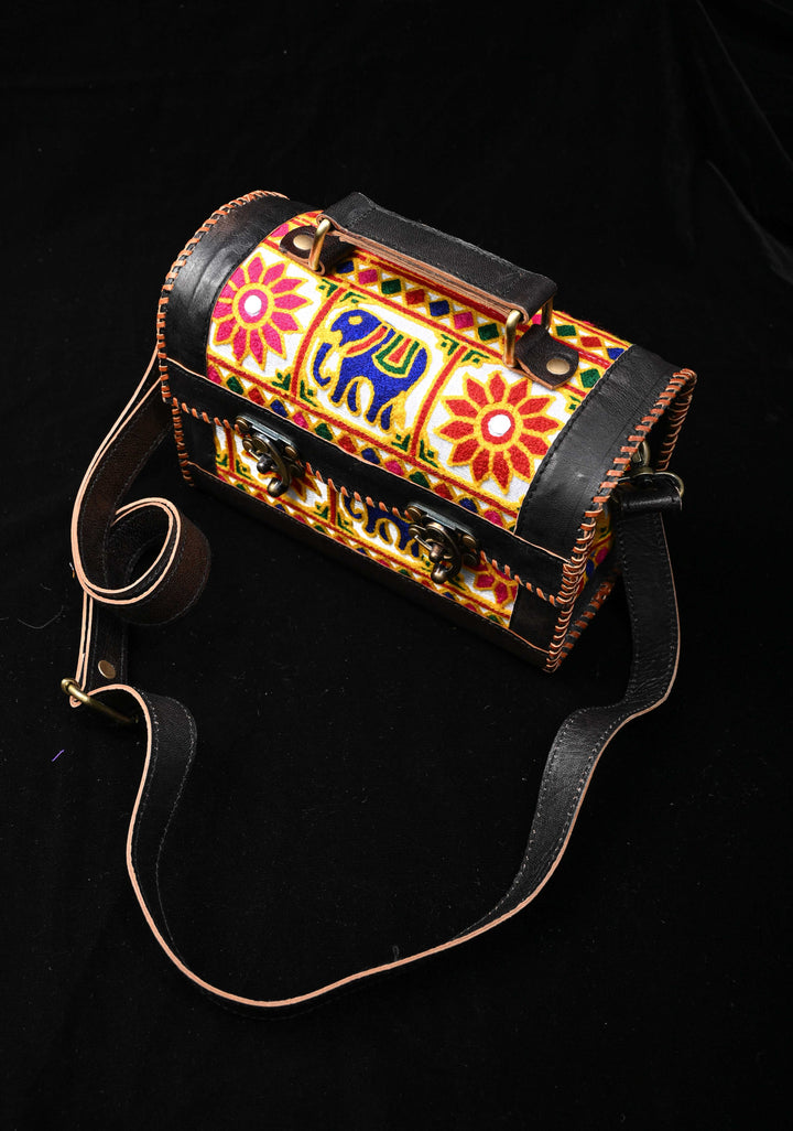 Black Leather Big Hut Sling Bag With Hand-Crafted And Embroidery