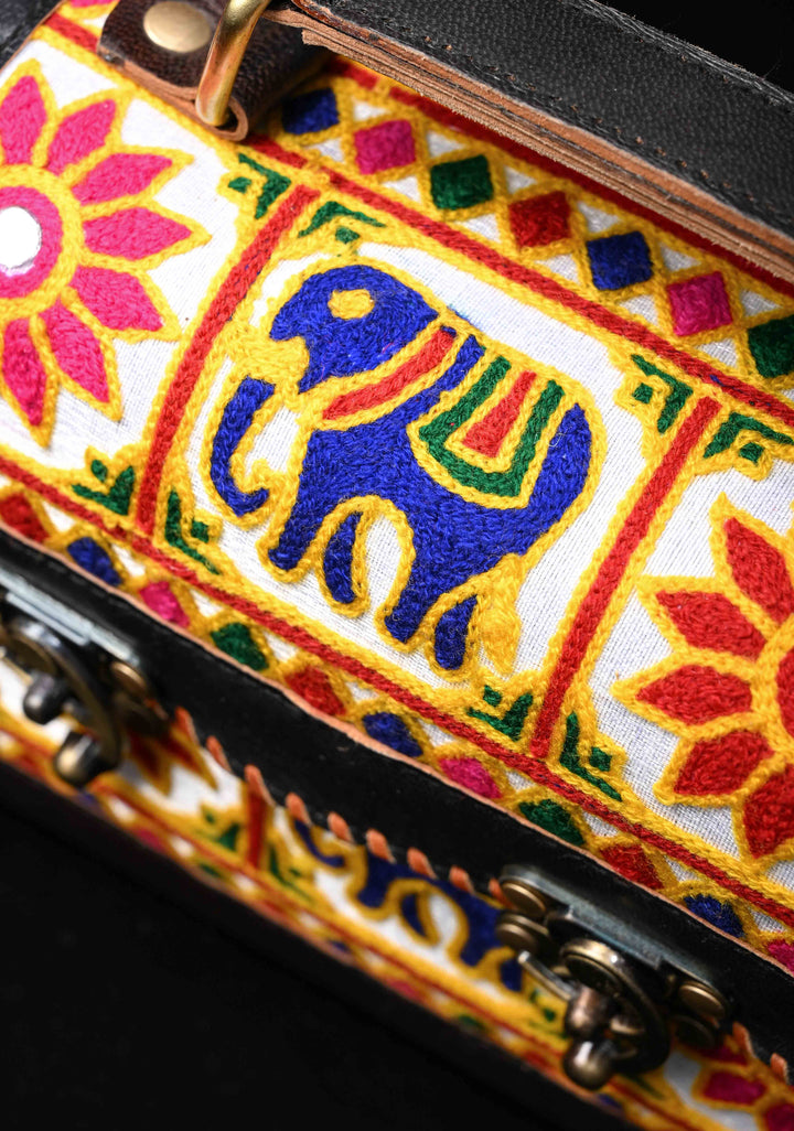 Black Leather Big Hut Sling Bag With Hand-Crafted And Embroidery