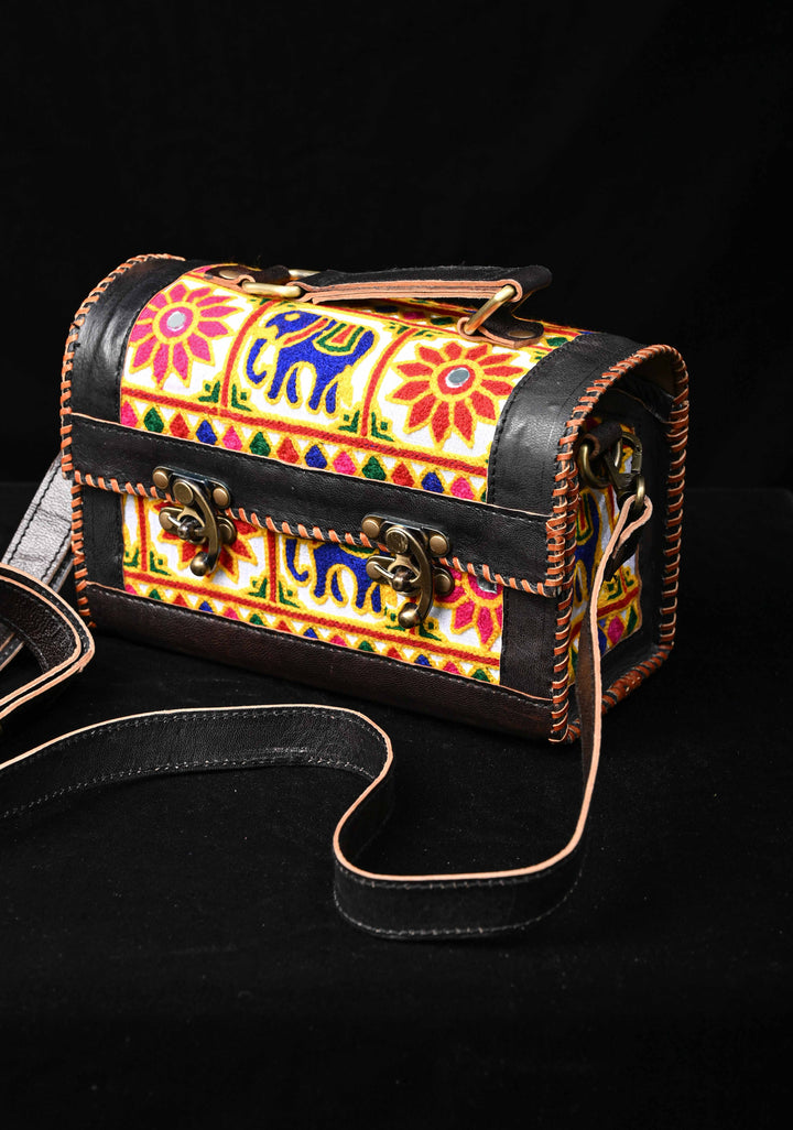 Black Leather Big Hut Sling Bag With Hand-Crafted And Embroidery
