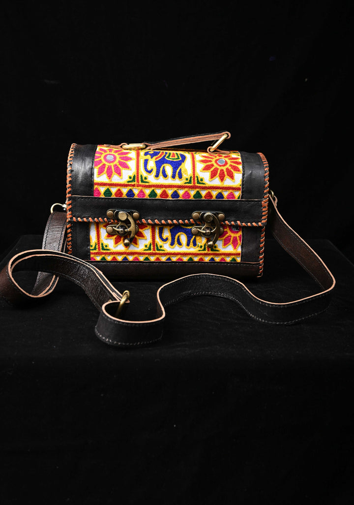 Black Leather Big Hut Sling Bag With Hand-Crafted And Embroidery