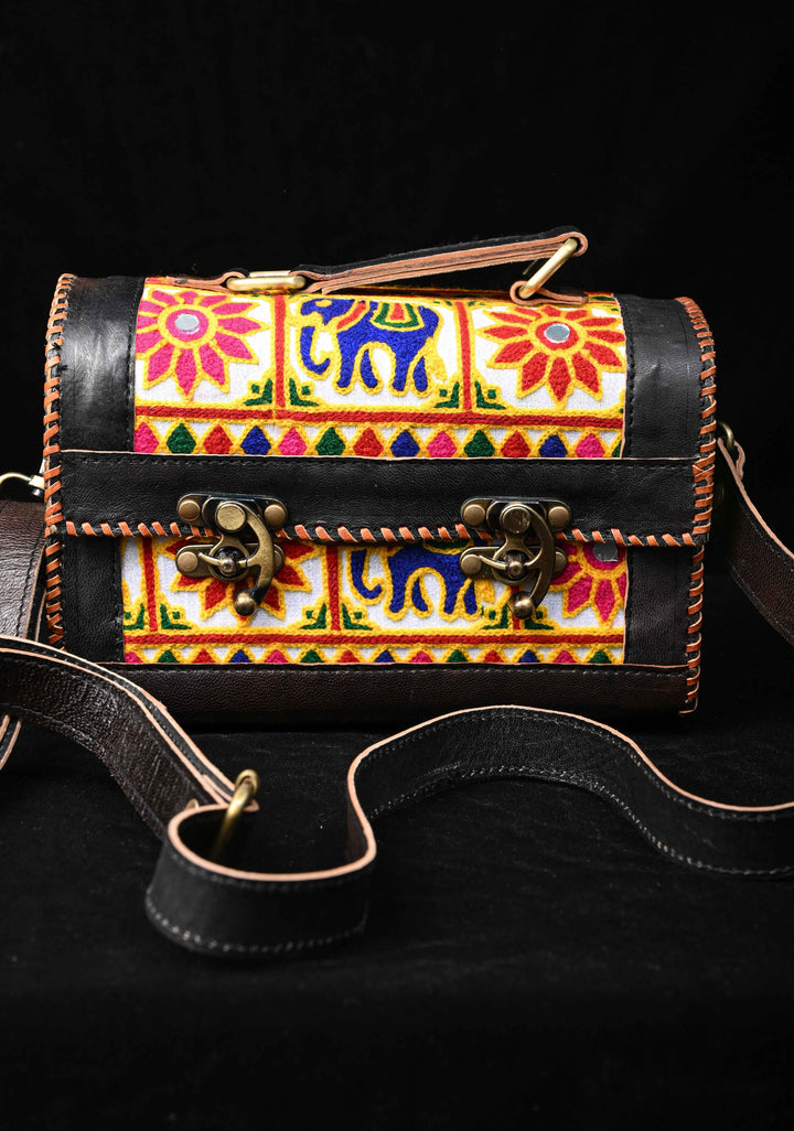 Black Leather Big Hut Sling Bag With Hand-Crafted And Embroidery