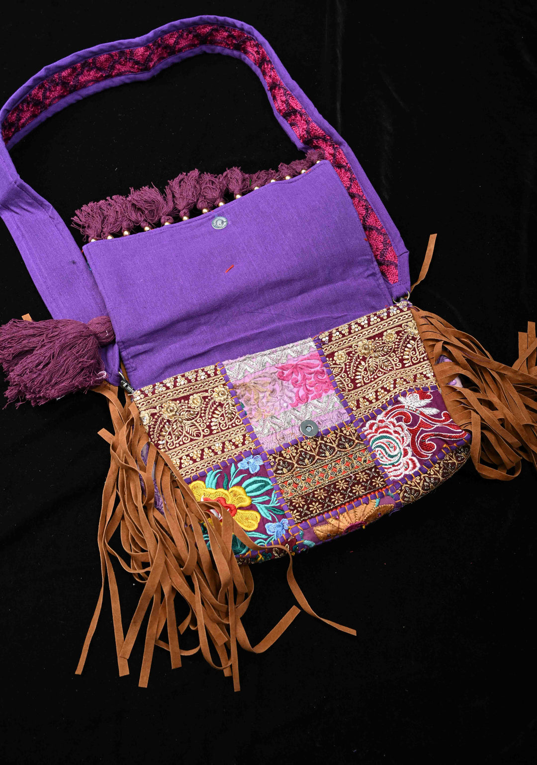 Purple Hand-Embraided Ethnic Embellished Banjara Boho Sling Bag with Cowrie Shell