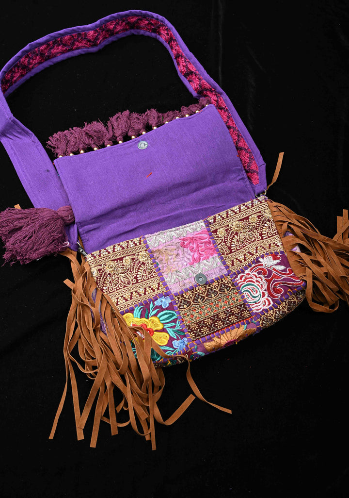 Purple Hand-Embraided Ethnic Embellished Banjara Boho Sling Bag with Cowrie Shell