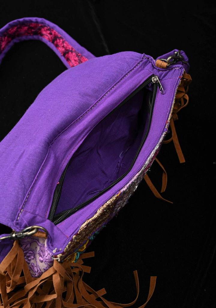 Purple Hand-Embraided Ethnic Embellished Banjara Boho Sling Bag with Cowrie Shell
