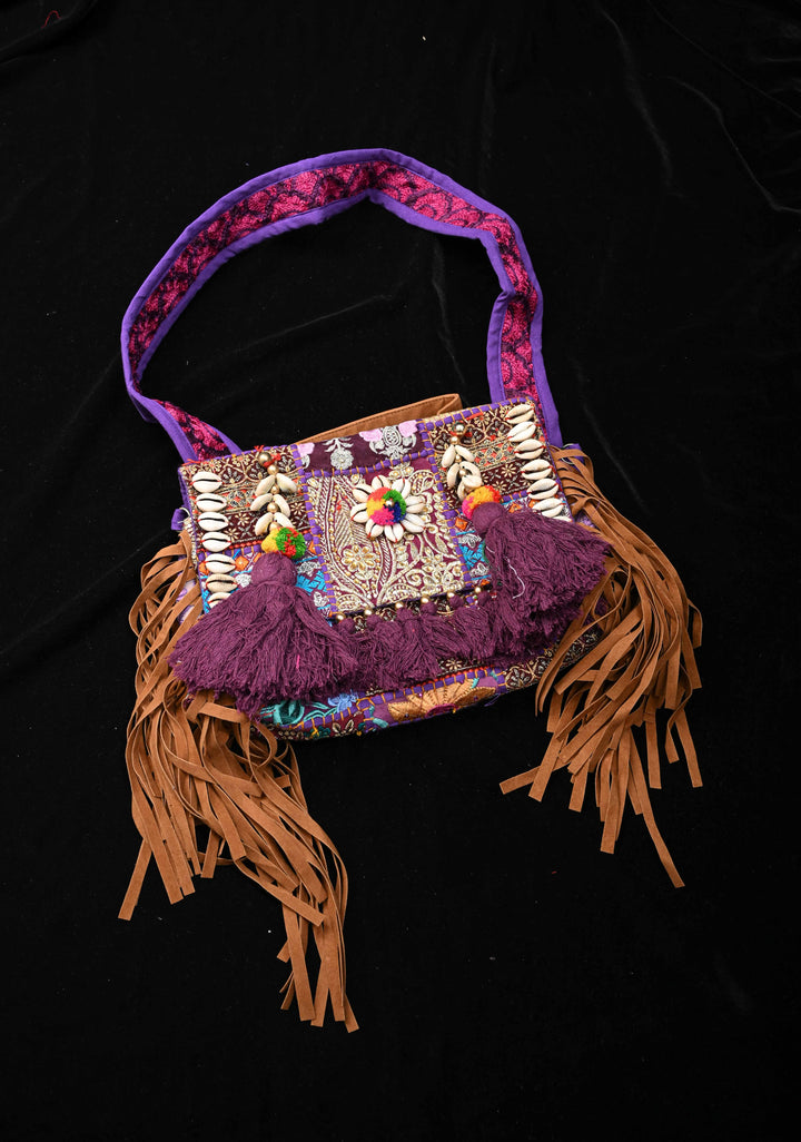 Purple Hand-Embraided Ethnic Embellished Banjara Boho Sling Bag with Cowrie Shell