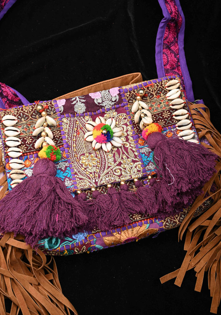 Purple Hand-Embraided Ethnic Embellished Banjara Boho Sling Bag with Cowrie Shell