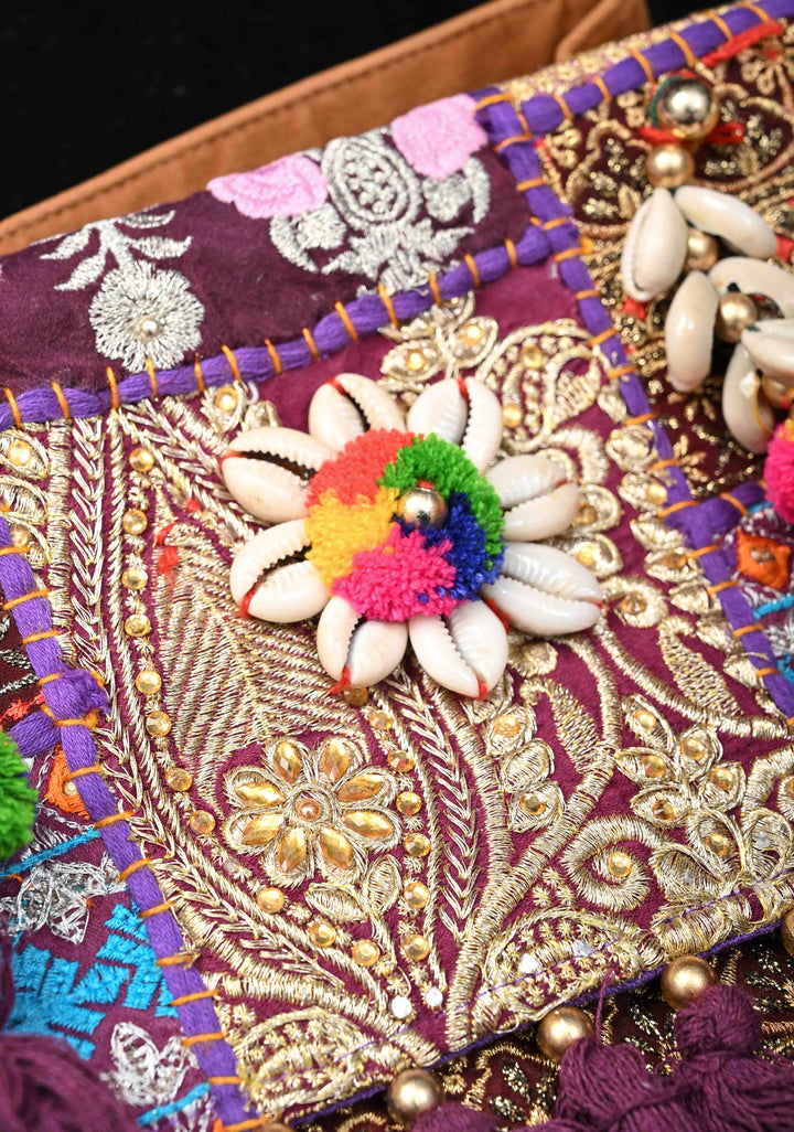 Purple Hand-Embraided Ethnic Embellished Banjara Boho Sling Bag with Cowrie Shell