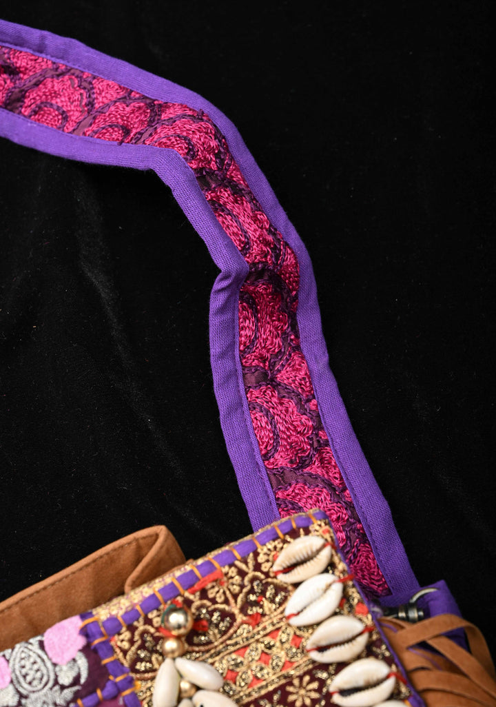 Purple Hand-Embraided Ethnic Embellished Banjara Boho Sling Bag with Cowrie Shell