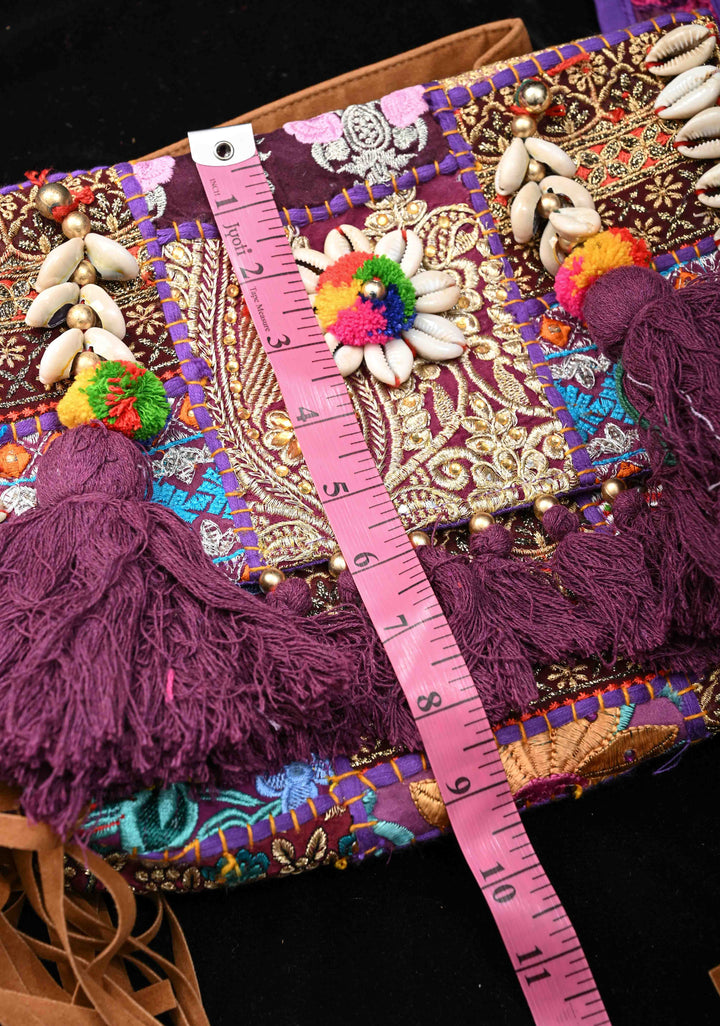 Purple Hand-Embraided Ethnic Embellished Banjara Boho Sling Bag with Cowrie Shell