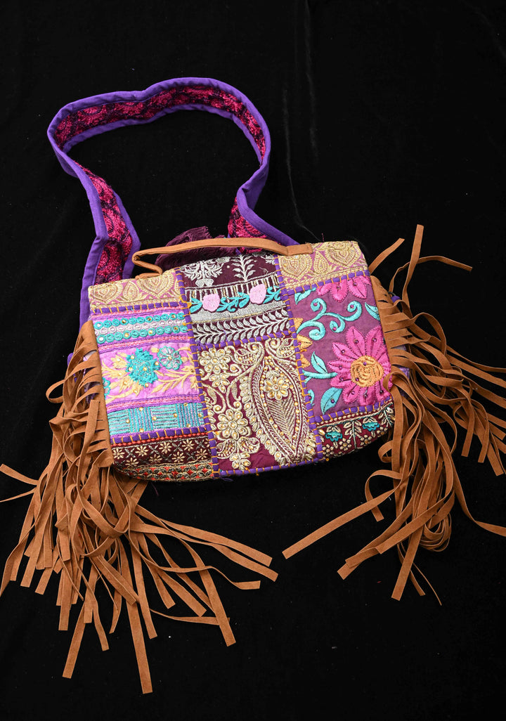 Purple Hand-Embraided Ethnic Embellished Banjara Boho Sling Bag with Cowrie Shell