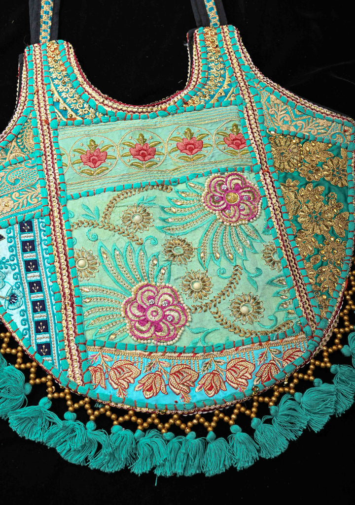 Handcrafted  Embroidery Banjara Boho Tote Shoulder Bag In Tuquoise Green