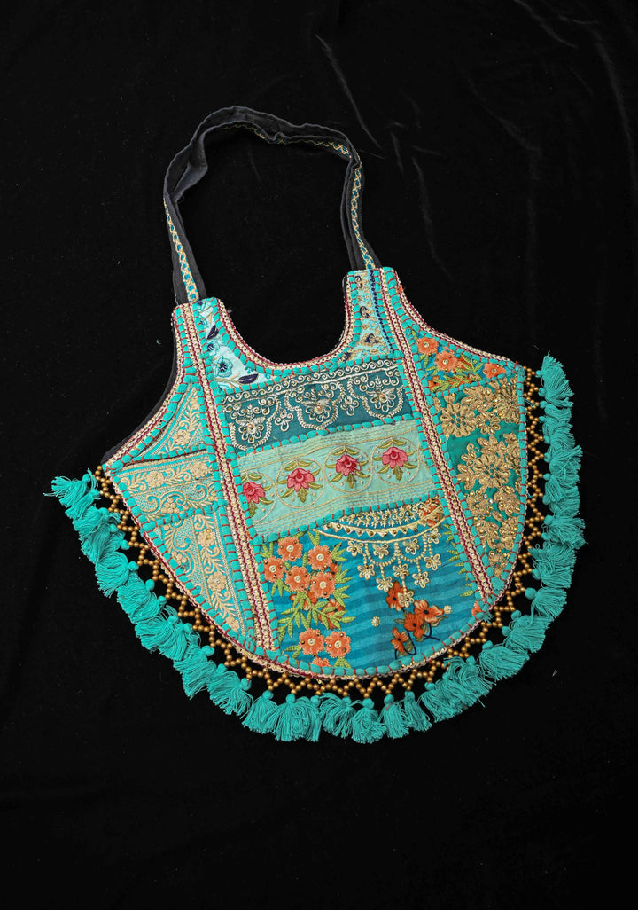 Handcrafted  Embroidery Banjara Boho Tote Shoulder Bag In Tuquoise Green