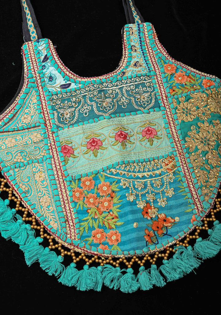 Handcrafted  Embroidery Banjara Boho Tote Shoulder Bag In Tuquoise Green