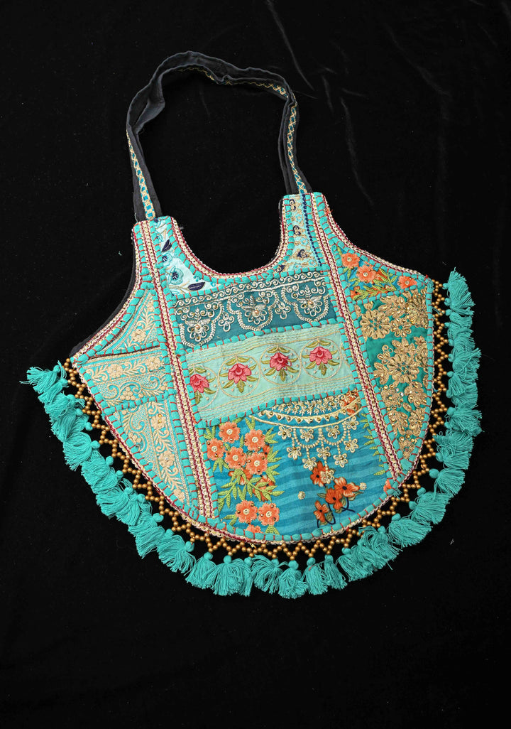Handcrafted  Embroidery Banjara Boho Tote Shoulder Bag In Tuquoise Green