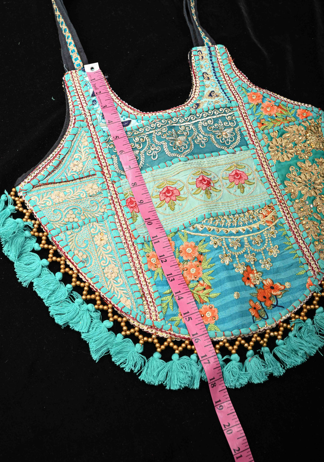 Handcrafted  Embroidery Banjara Boho Tote Shoulder Bag In Tuquoise Green