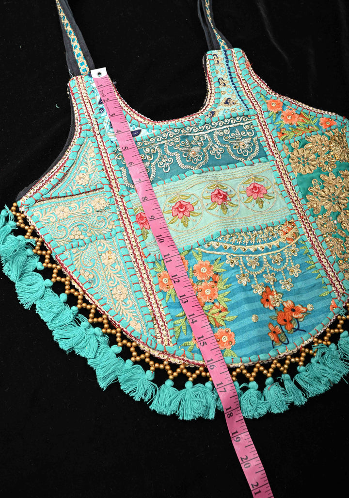 Handcrafted  Embroidery Banjara Boho Tote Shoulder Bag In Tuquoise Green