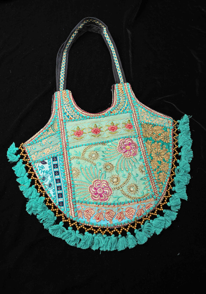 Handcrafted  Embroidery Banjara Boho Tote Shoulder Bag In Tuquoise Green