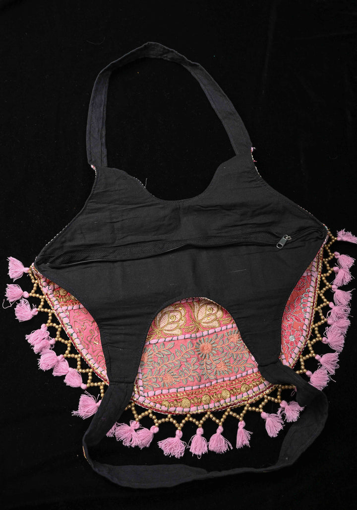 Pink Tote Bag With Embroidery Floral Design And Tassels