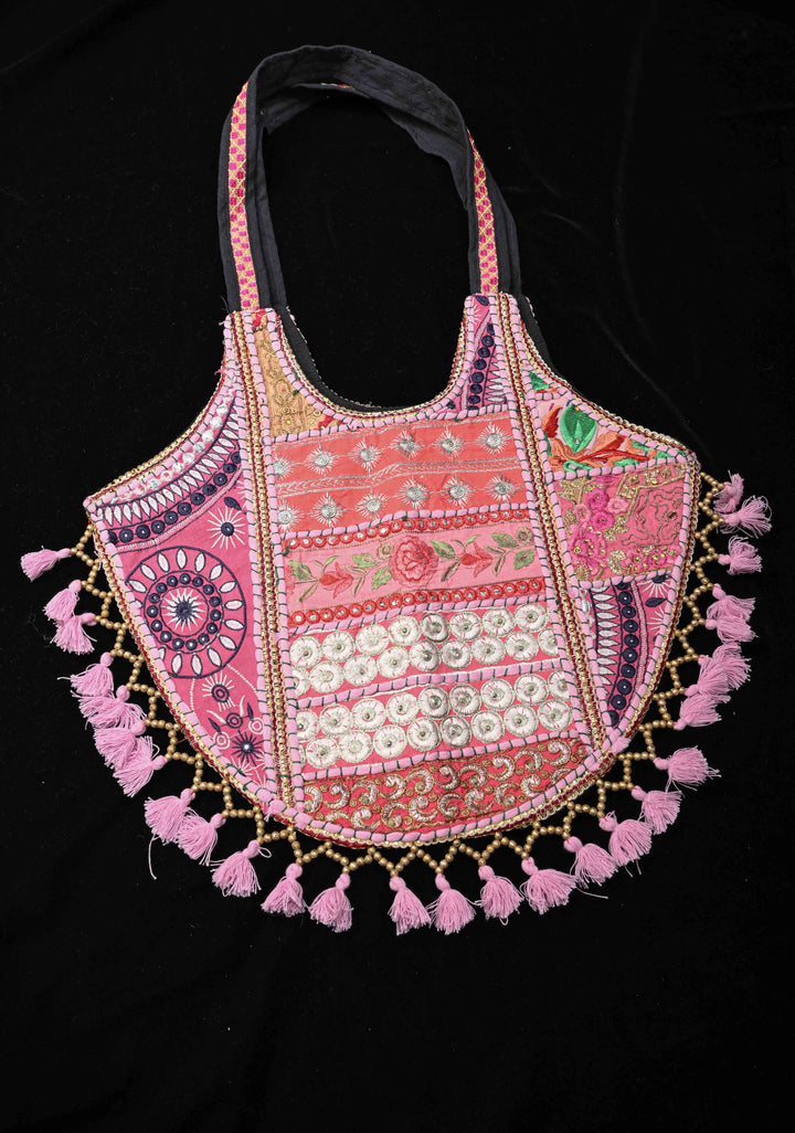 Pink Tote Bag With Embroidery Floral Design And Tassels