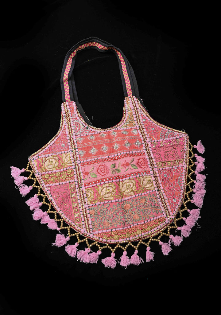 Pink Tote Bag With Embroidery Floral Design And Tassels