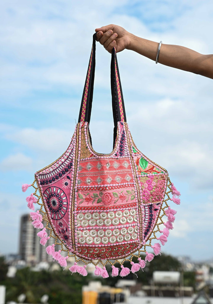 Pink Tote Bag With Embroidery Floral Design And Tassels