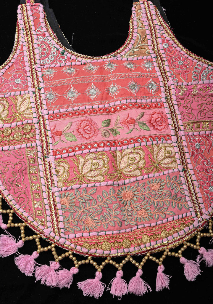 Pink Tote Bag With Embroidery Floral Design And Tassels