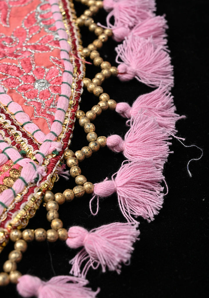 Pink Tote Bag With Embroidery Floral Design And Tassels