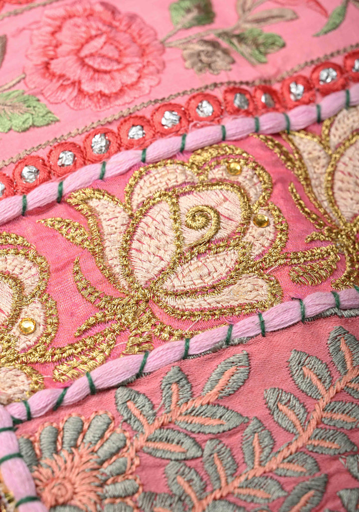 Pink Tote Bag With Embroidery Floral Design And Tassels