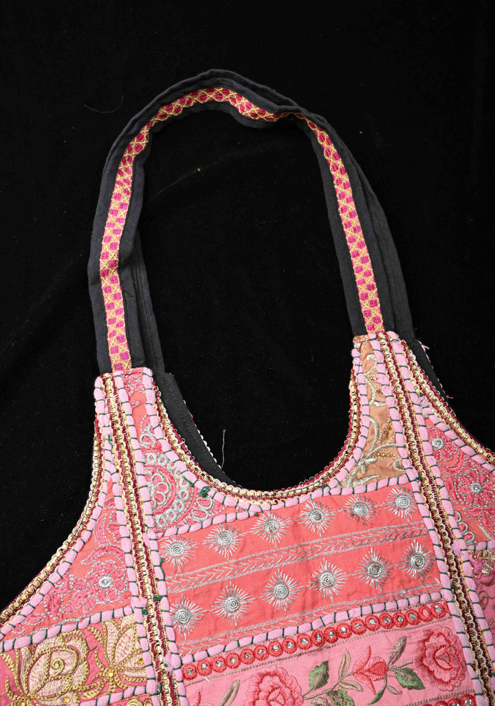 Pink Tote Bag With Embroidery Floral Design And Tassels