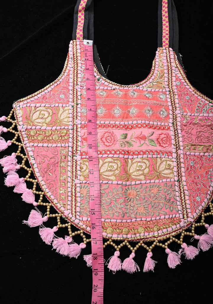 Pink Tote Bag With Embroidery Floral Design And Tassels