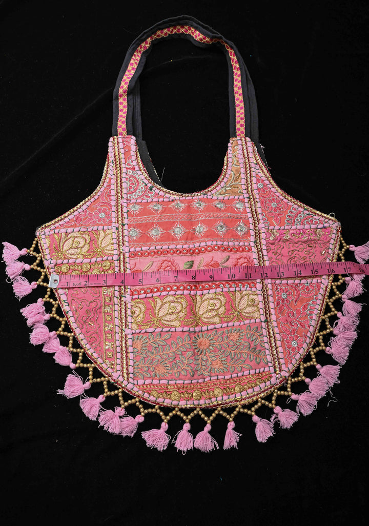 Pink Tote Bag With Embroidery Floral Design And Tassels