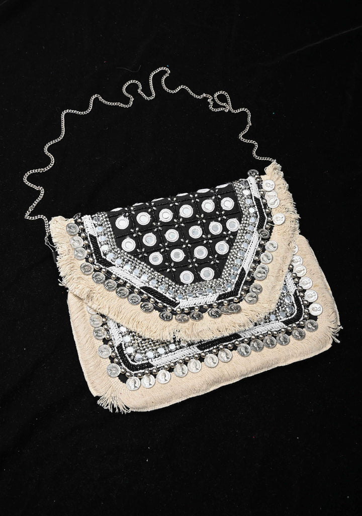 Black Banjara Boho Handmade Embroidery Jute Bag with Coins Detailing and Mirror Work