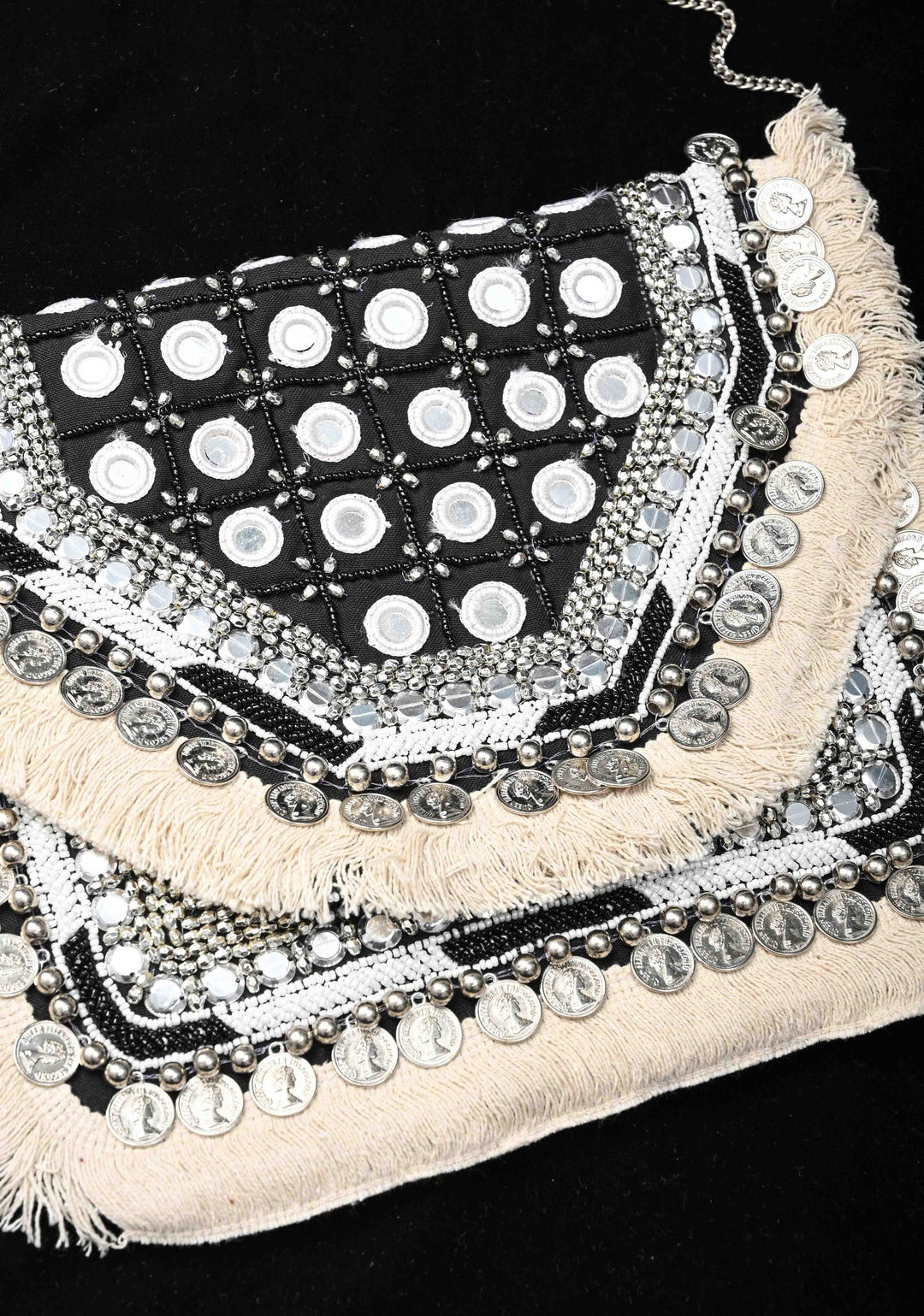 Black Banjara Boho Handmade Embroidery Jute Bag with Coins Detailing and Mirror Work