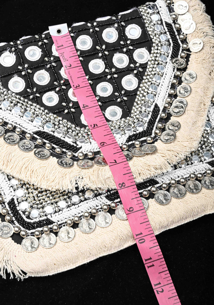 Black Banjara Boho Handmade Embroidery Jute Bag with Coins Detailing and Mirror Work