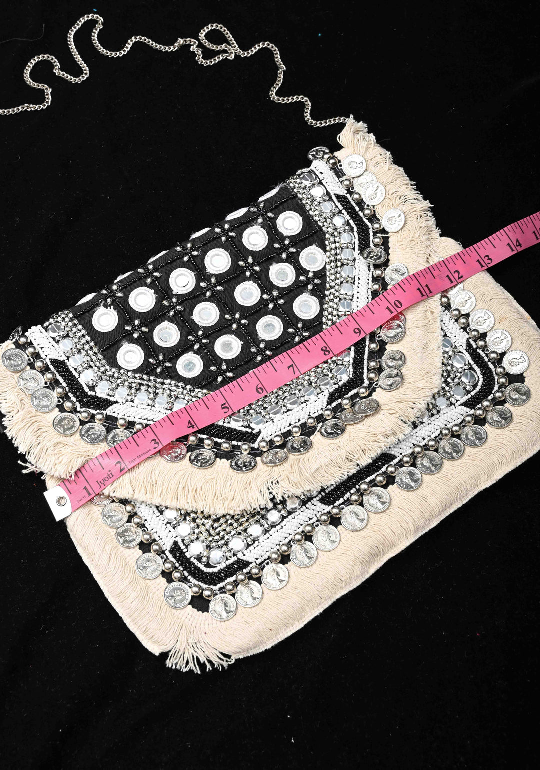 Black Banjara Boho Handmade Embroidery Jute Bag with Coins Detailing and Mirror Work