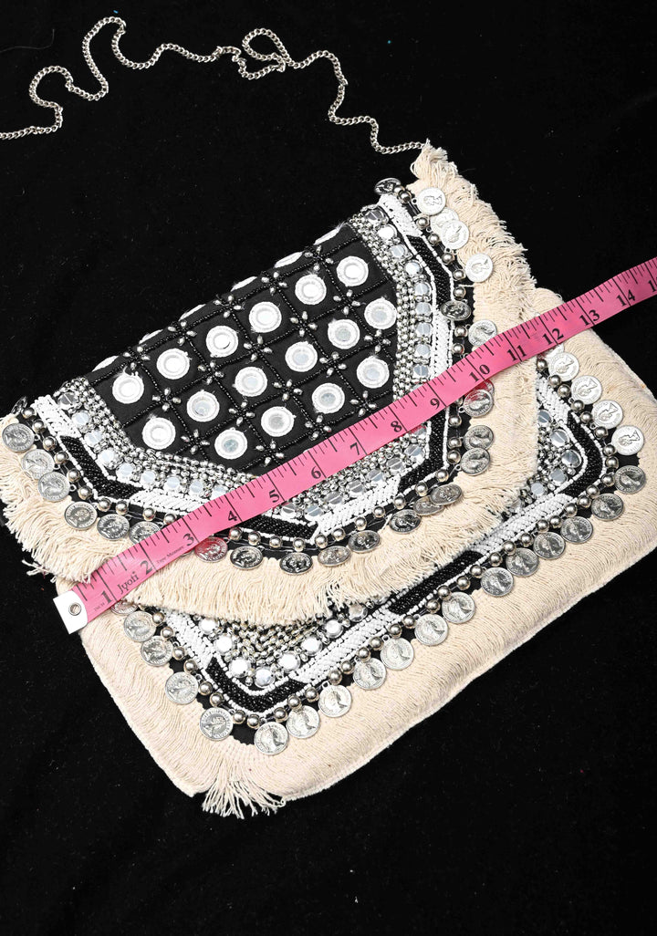 Black Banjara Boho Handmade Embroidery Jute Bag with Coins Detailing and Mirror Work