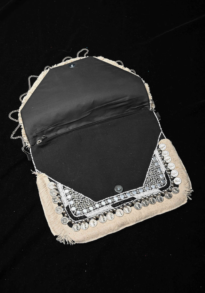 Black Banjara Boho Handmade Embroidery Jute Bag with Coins Detailing and Mirror Work