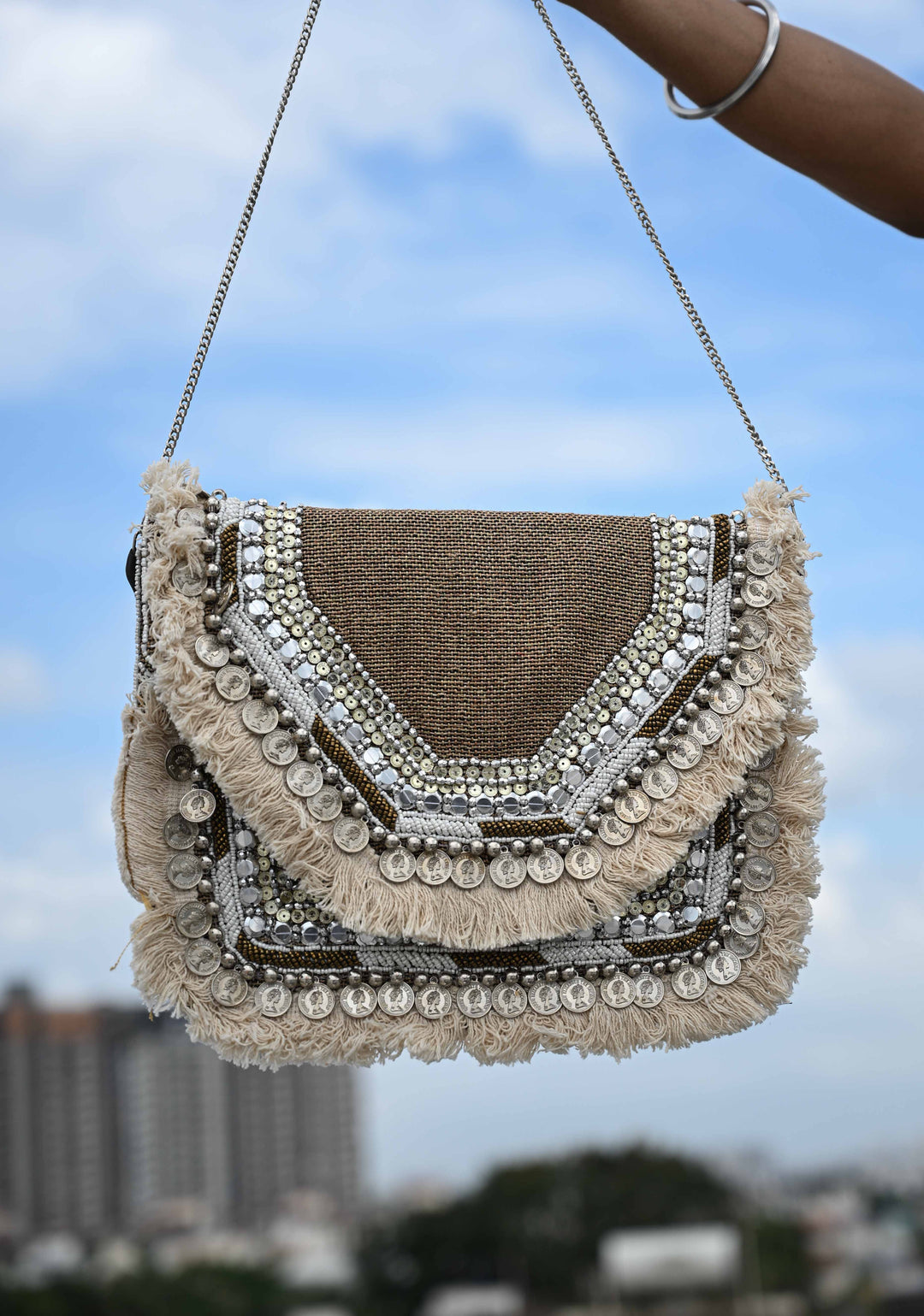 Brownish Gray Green Handmade Boho Banjara Jute coin Bags
