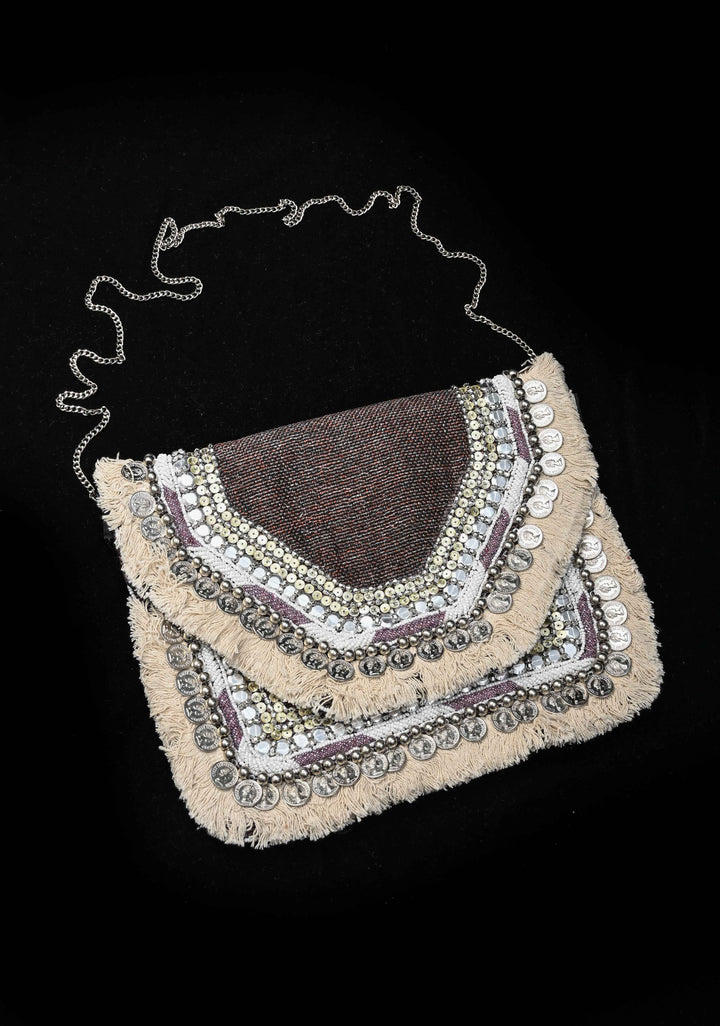 Brown Banjara Boho Sling Bag Geometric Embroidery with Coins Detailing and Tassels